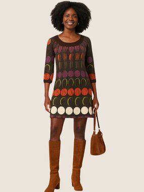 Aryeh Sweater Dress Size M Retro Inspired Mod Olive Purple Orange Circle Print